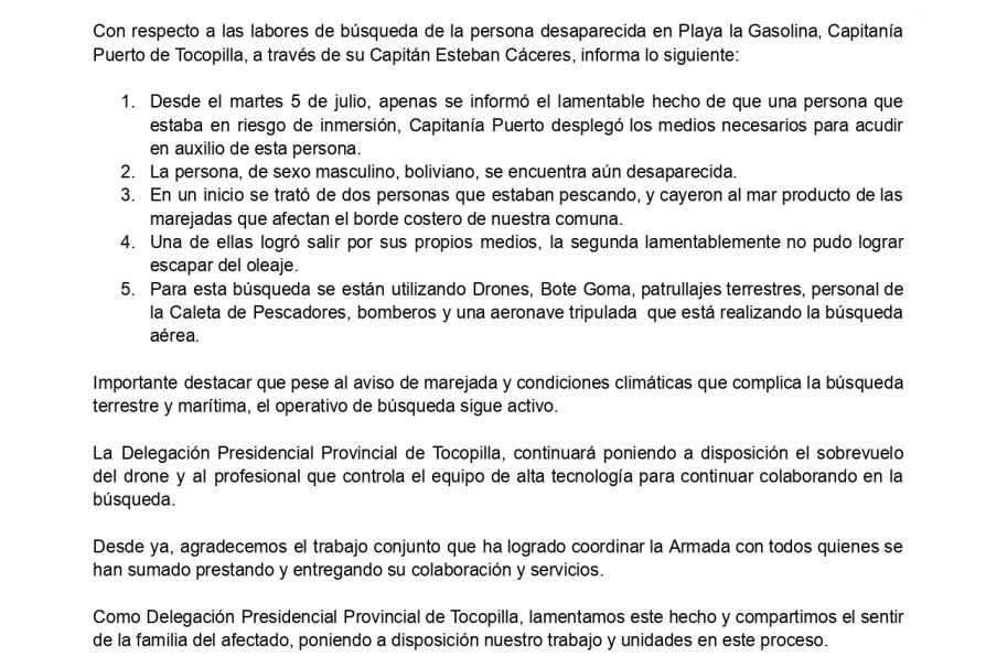 Comunicado N° 5 con respecto a las labores de búsqueda en sector Playa Gasolina