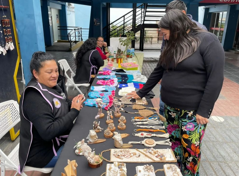 Mujeres artesanas de Caleta Indígena exhiben sus trabajos en el edificio de la Delegación