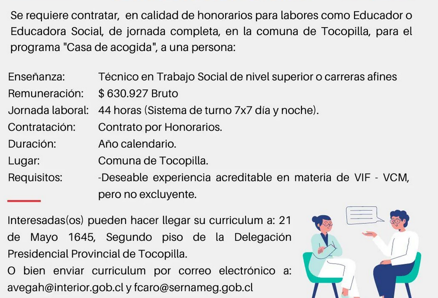 Llamado a concurso para cargo en “Casa de acogida” de la Delegación Presidencial